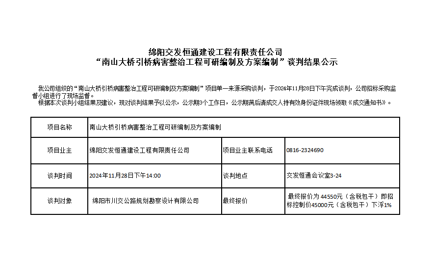 綿陽交發恒通（tōng）建設（shè）工（gōng）程有限責任公司“南山大橋引橋病害整治工（gōng）程可研編製及方案（àn）編製”談判結果公示.png