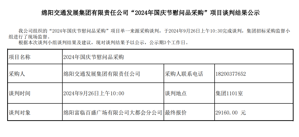 綿陽交通發展集團有限責任公司（sī）“2024年（nián）國慶節慰問品采購”項目談判結果（guǒ）公示.png